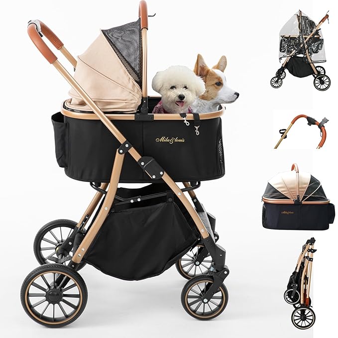 MILA&LOUIS Dog Stroller, 24" Pet Cradle, Large PU Wear-Resistant Wheels, Cat Stroller for Small & Medium 55 lbs, Lightweight Pet Stroller, Detachable Aluminum Cradle, Cup Holder, Hook & Rain Cover