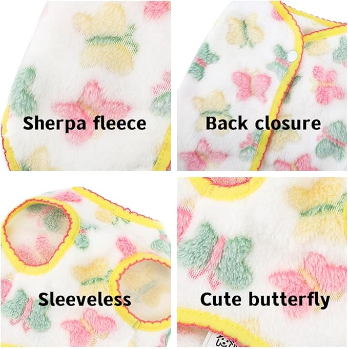Cute Jacquard Butterflies Pet Fleece Vest for Small Dog Puppy Sleeveless Sweater Back Button Down Yorkie Chihuahua Fall Winter Clothes Cat Clothing,White,L