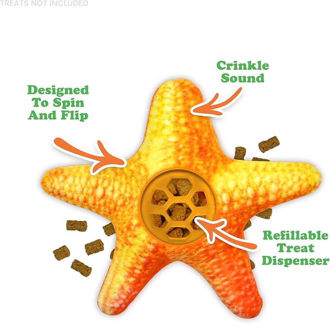 Meowijuana Knock N' Nibble Starfish & Seafood Treat Bundle | Crunchie Munchie Catnip Treats | Refillable Treat Dispensing Toy | Interactive Puzzle Toy for Felines