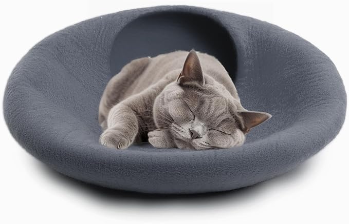 Luxurious Merino Wool Cat Cave - Foldable Hideaway Pod for Indoor Cats - Premium Felt Kitten Pet Enclosure - Covered Cat House for Ultimate Cozy Comfort by Woolygon (Grey Plain)