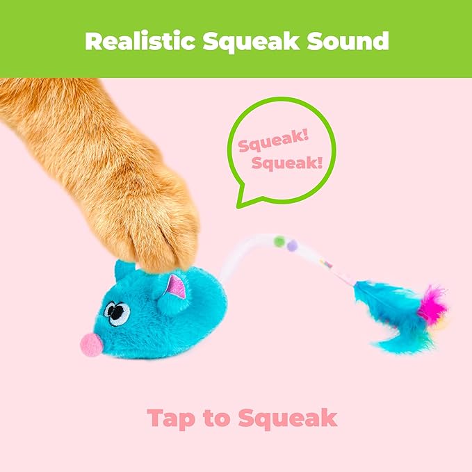 Catify by Best Pet Supplies Interactive Cat Toys – Plush, Motion-Activated & Squeaking Toys with Premium North American Catnip for Indoor Cats & Kittens - Squeaking Mice Set, Blue & Fuchsia