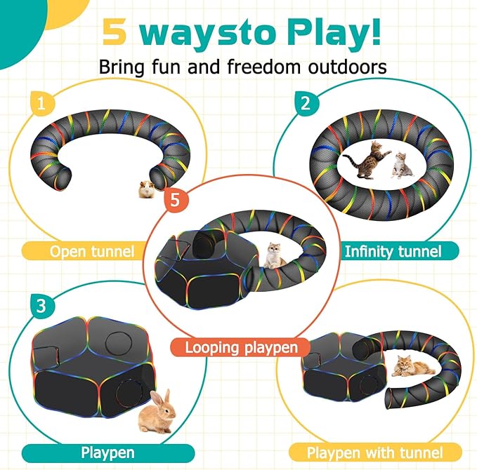 Portable Cat Enclosure - 2-in-1 Outdoor Catio with Tent & Tunnel, Foldable Playpen for Indoor Cats, Includes Storage Bag for Cats & Small Animals Rainbow Color