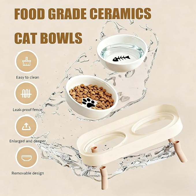 Elevated Cat Bowls, 2 Ceramic Raised Cat Food and Water Bowl Set, Prevent Cat Chin Acne, Whisker Fatigue Friendly, Splash Proof & Dishwasher Safe for Indoor Cats and Small Dogs - White