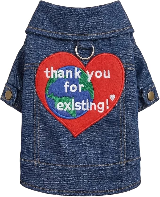 Denim Dog & Cat Jacket with Reinforced D-Ring – Embroidered Heart “Thank You for Existing” Patch, Jean Pet Clothes for Small Dogs & Cats(S)