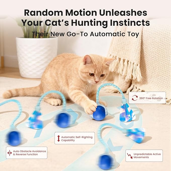 Cat Toys, Cat Toys for Indoor Cats, Cat Toys Interactive, 360° Rotating Automatic Interactive Cat Ball with Smart Activation, LED Light, Type-C Rechargeable, 3 Replaceable Dragonfly Tails, Bored(Blue)