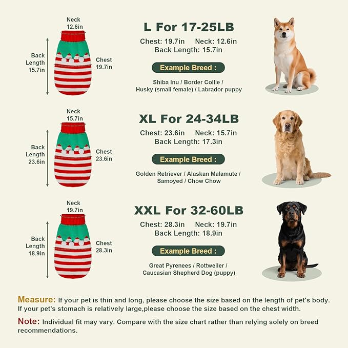 Dog Sweater Knitted for Small to Large Dogs Boy Girl, Classic Turtleneck Dog Christmas Sweaters, Warm & Soft Pet Clothes for Winter (Santa Stripe, L)
