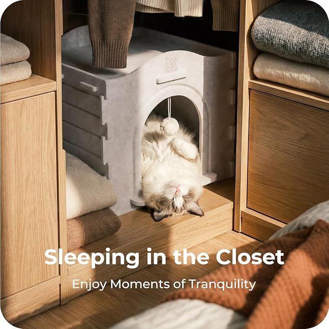 Cat Bed Cave for Indoor Cats: New Felt Cat Bed with Fluffy Ball Hanging, Foldable Cat House with Scratch-Resistant Board, Hideaway Cat Cave for Timid Cats, Sturdy Two-Tier Cat Condo - Gray