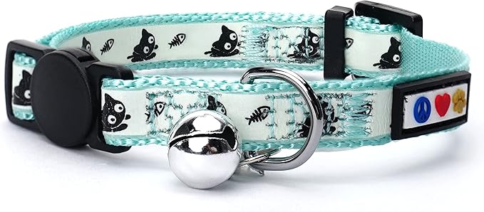 Pawtitas Glow in the Dark Cat Collar with Breakaway Safety Buckle & Bell Adjustable Kitten Collar, Teal