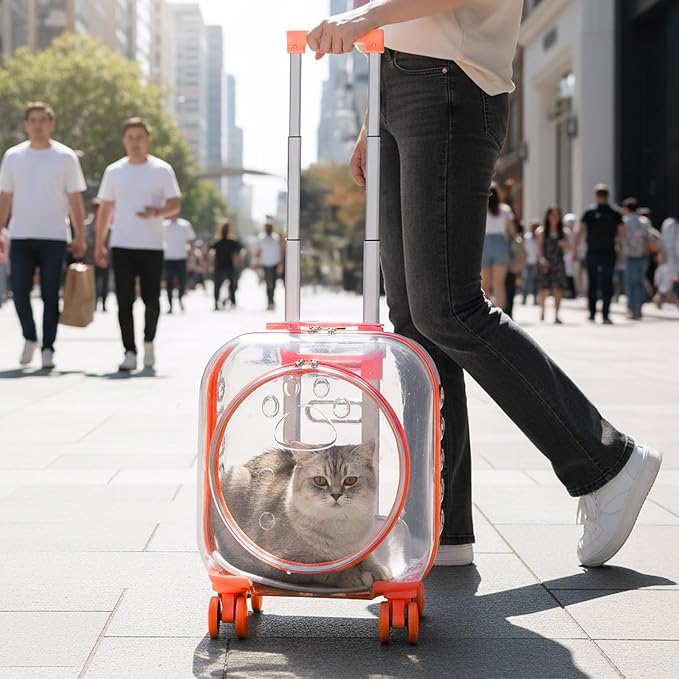 Portable Pet Carrier Trolley Box - Ventilated PC Travel Carrier with Silent Shock-Absorbing Wheels, Telescopic Handle for Cats, Small Dogs, Puppies - Outdoor Hiking, Camping, Car & Airline A