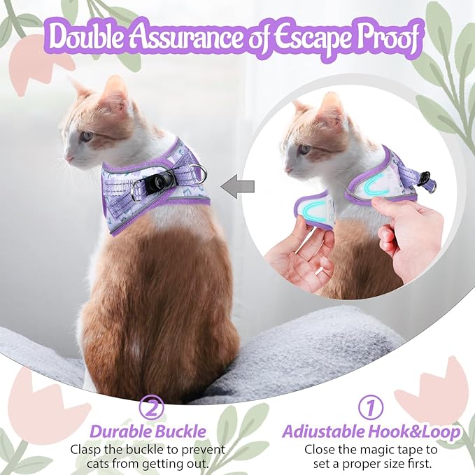 Cat Harness and Leash Escape Proof for Walking, Adjustable Soft Kitten Harness with Reflective Straps Step in Cat Vest Harness for Small Kitten and XS Dogs (Purple, L-Chest(15.7"-17.7"))