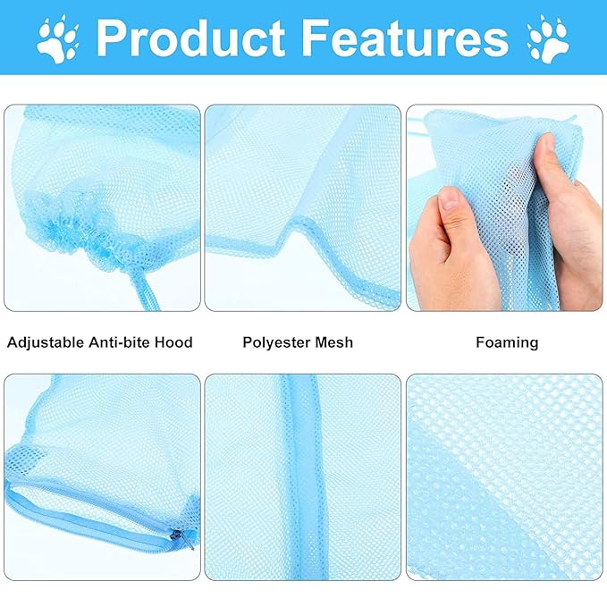 6 Pcs Cat Bathing Grooming Set - Adjustable Mesh Bathing Bag, Nail Clipper, Mesh Muzzle, Massage Brush, Tick Remover Tool & Nail File (Blue)