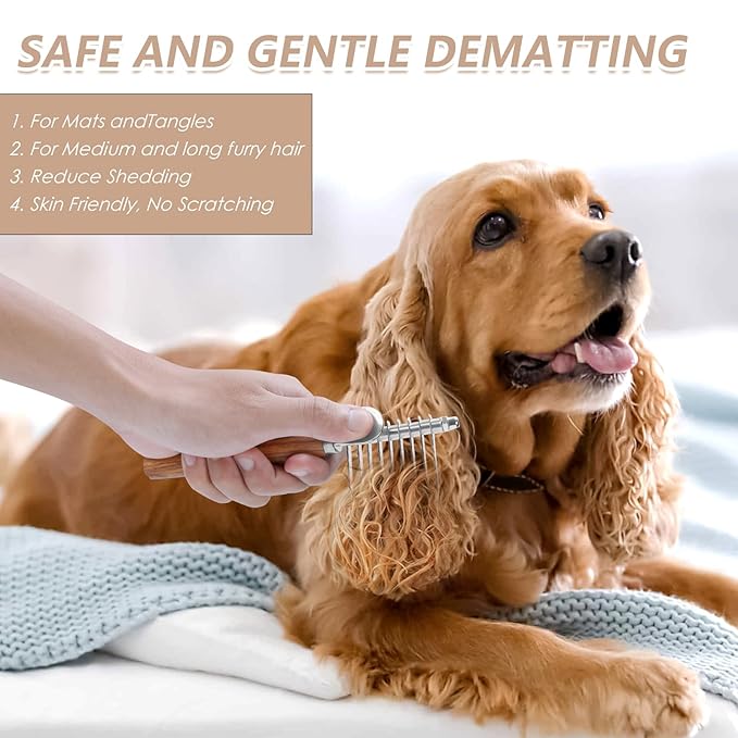 Dog Slicker Brush for Goldendoodles & Poodles - 3-in-1 Dematting Kit with Long Pin Slicker Brush & Dematting Comb - Deep Grooming Tool for Long Haired, Curly Coats, Wooden Handle, Natural