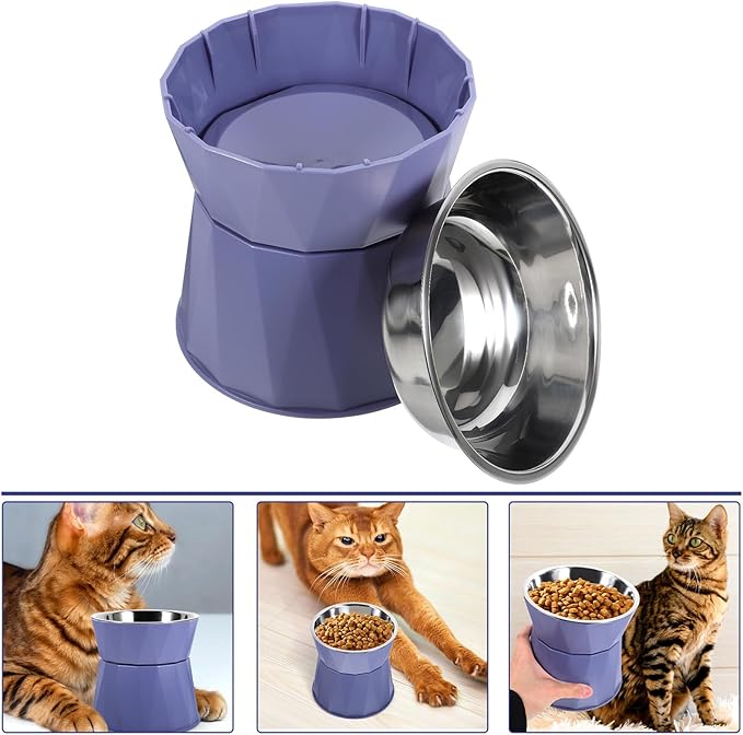 TEHAUX Adjustable Elevated Cat Bowl with Non-Slip Blue Stand, Raised Feeding Dish for Cats, Suitable for Indoor Pet Feeding and Watering