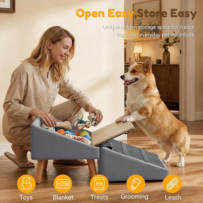 Dog Ramp for Small Dogs, 18.5" Extra Wide 3-in-1 Dog Stair with Foldable Ottoman & Hidden Storage Design, 15.7" H Safer Leather Pet Steps for Couch Sofa Bed (Grey)