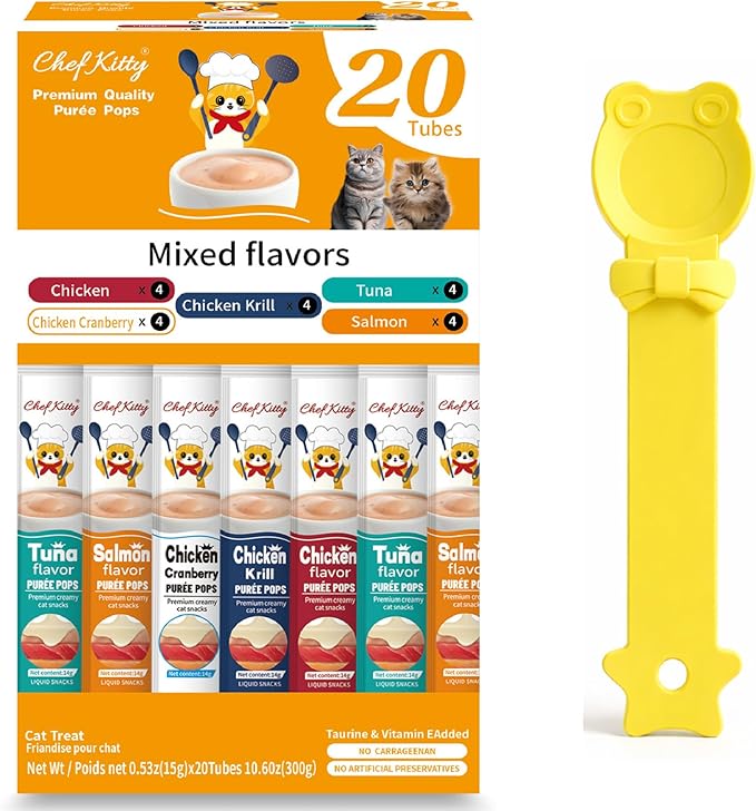 Purée Pops + Yellow Feeding Spoon, Grain-Free, Lickable, Squeezable Creamy Cat Treat/Topper, 20 Tubes, Chicken and Seafood Mix Variety