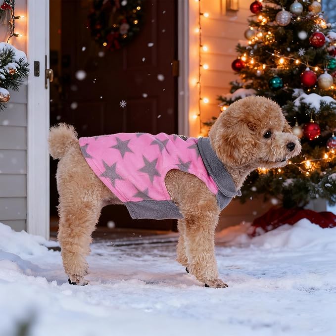 Rbenxia 2 Piece Grey and Pink Dog Heart Sweater with Leash Ring Soft Fleece Vest Dogs Pullover Warm Jacket Pet Dogs Clothes Winter Dog Outfits for Small Puppy Cat Pets (Medium, Stars+Heart)