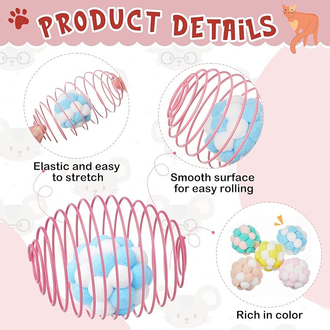 Jecery 5 Pcs Cat Spring Toys Stretchable Rolling Balls Colorful Playful Coils Interactive Action Toy Caged Rats for Kitten Pet Supplies (Plush Ball,Multicolor)
