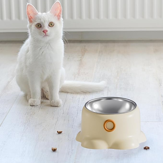 Tilted Cat Feeder Bowl Food Dispenser Living Room Home Travel Indoor Watering Feeding Dish Cat Food Bowl for Pets Small Dogs, Vanilla Brown