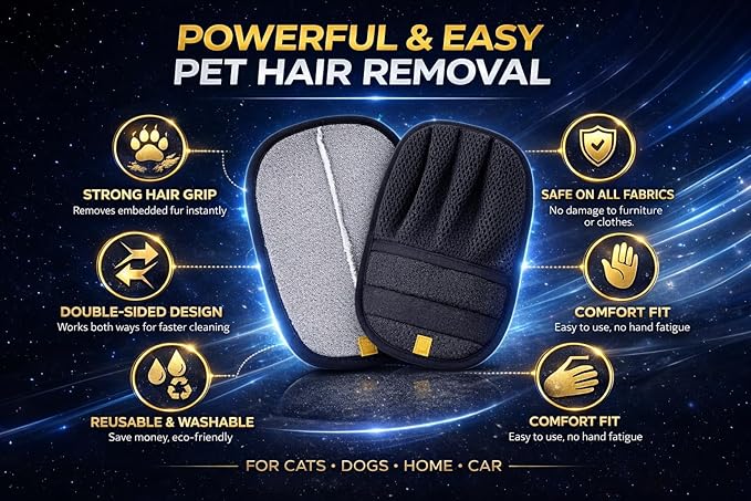 Pet Hair Remover Glove for Dogs & Cats – Reusable Electrostatic Fur Remover for Couch, Carpet, Car & Clothes, No Sticky Lint Roller Alternative, Easy to Use