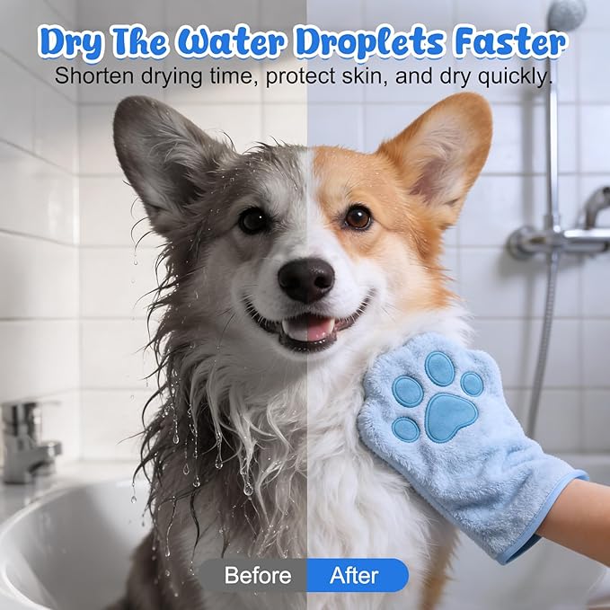 Paw Bathing Towel for Cats Puppy, Reusable Absorbent Quick-Dry Pet Grooming Towel, Soft Bath Mitt for Dirt Odor Removal, Daily Care and Travel, for Dogs & Cats (Blue+Grey)