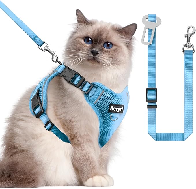 Cat Harness and Leash for Walking, The Upgrade Can be Adjusted in Four Directions and Breathable Cat Harness for Anti Escape that can be Fitted and Positioned, Reflective Strips Harness, Blue, L