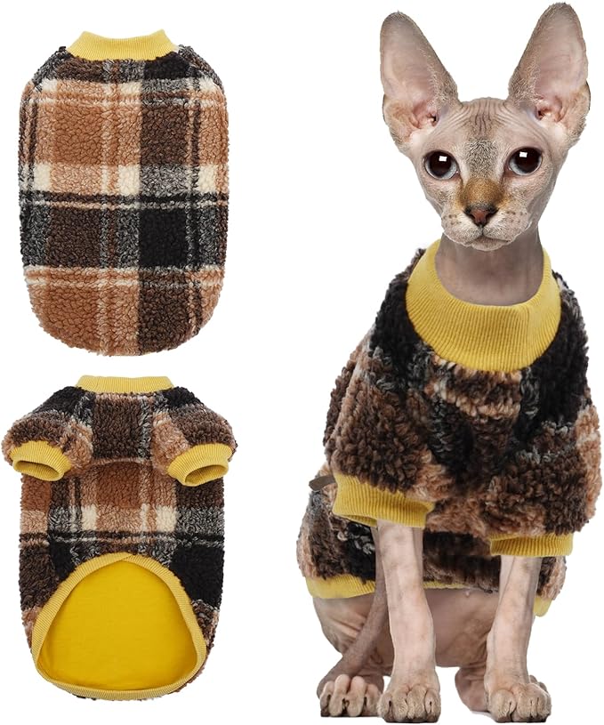 Sphynx Cat Sweater, Soft Fleece Pullover with Sleeves, Warm & Elastic Pet Clothes for Hairless Cats and Small Kittens, Cozy Winter Outfit Yellow L