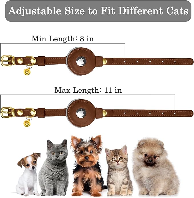 OOPSDOGGY Reflective Leather AirTag Cat Collar with Bell - Non Breakaway Adjustable Pet Collar with Apple Air Tag Holder - Lightweight GPS Kitten Collars for Small Dogs Puppy (Brown)