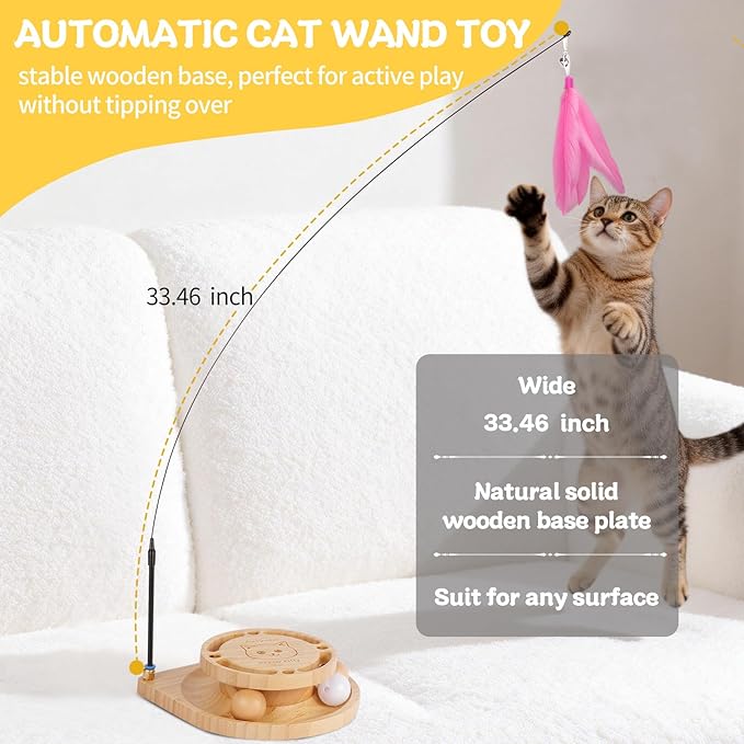 Interactive Cat Toy for Bored Cats - Feather Wand & Track Ball, 15 Replacement Heads, 2 Wooden Balls & 1 Bell Ball, Anti-Slip Base, Easy Assembly Cat Teaser for Kittens & Adult Cats