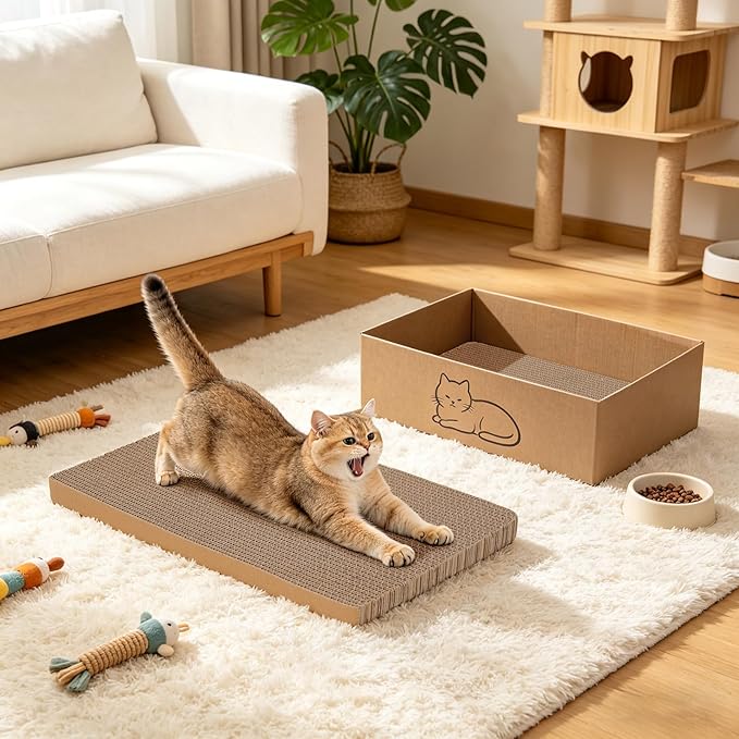 Multi-Use Cat Scratcher, 17.5" Large Cat Scratcher Pad 5 Pcs with Box, Eco-Friendly Reversible Cardboard Cat Scratcher Lounge for Indoor Cats and Kittens, Post and Furniture Protector