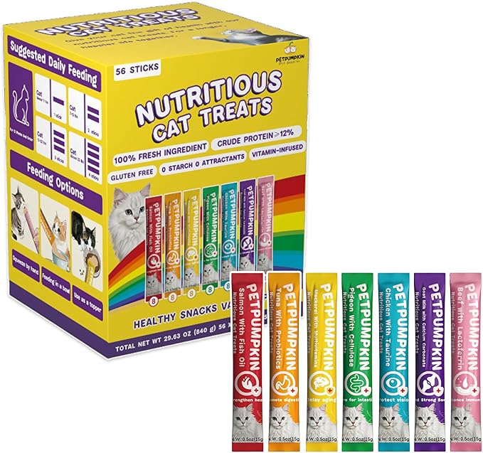 Gum-Free & Grain-Free Cat Treats, 7 Flavors Variety Box (56 Tubes), All-Natural Lickable Pure Meat Cream, No Attractants, Enriched with Multivitamins, Taurine for Hydration & Nutrition