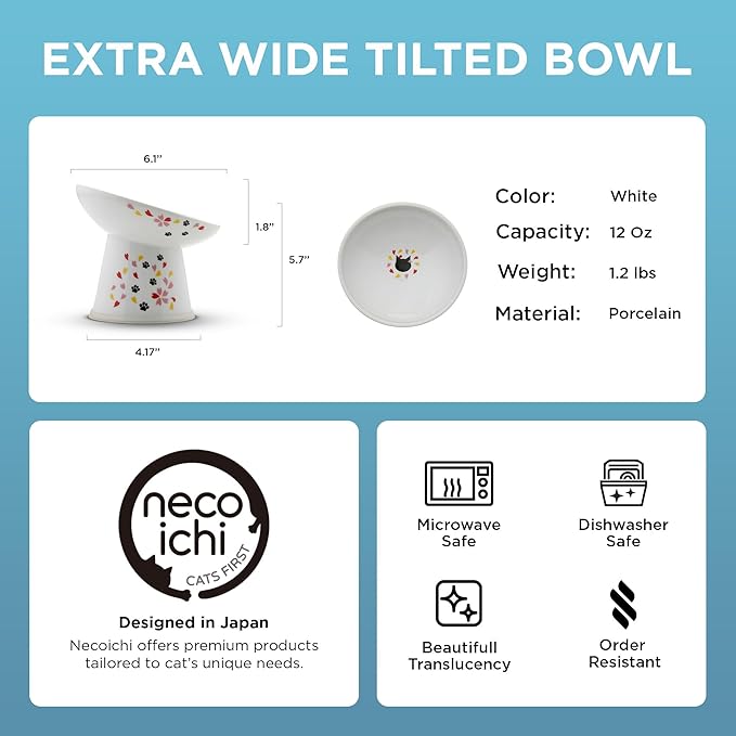 Necoichi Raised Cat Food Bowl – Ceramic Elevated 15° Tilted Bowl for Whisker Fatigue, Dishwasher & Microwave Safe, Non-Slip Anti-Vomiting Ergonomic Design (Sakura Floral, Extra Wide, 1.5-Cup Capacity)