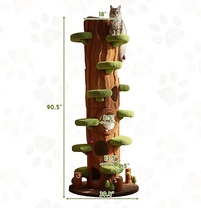 KAMABOKO 90.5 Inch Luxury Cat Tree with Scratching Post, Tall Cat Tree Tower with Sisal Scratching Pad, Multiple Jumping Platforms, Cute Hanging and Spring Toys, Large Cat Condo for for Indoor Kittens