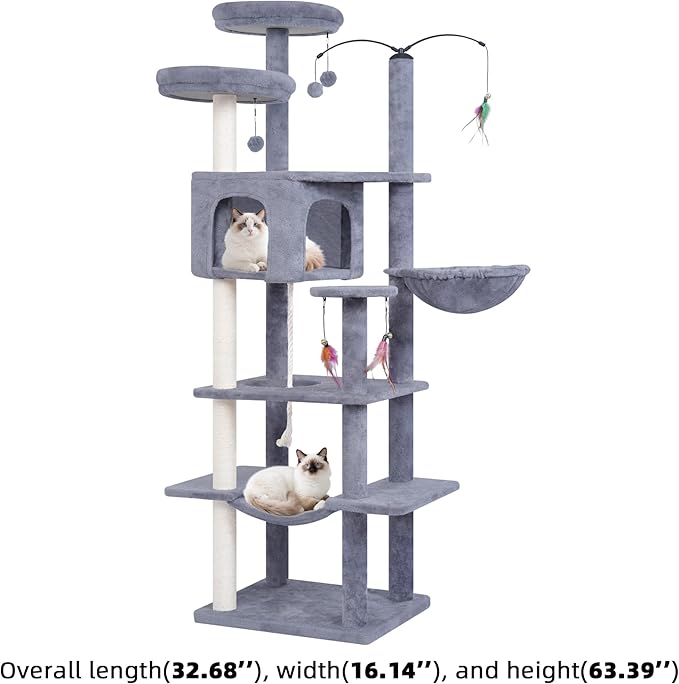 AIWIKIDE Big Cat Tree, Cat Tower with Multi-Level Condo, Hammocks, Rotating Toy (Grey, 63.4'')