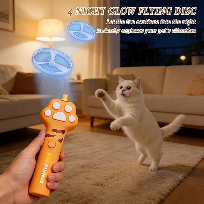 Cat Fetch Toy Launcher,Flying Disc Launcher Toy Rechargeable with 10 Flying Discs,Flying Cat Toy Disc Launcher for Kitten Dog Playing Interactive Hunting Tracking Toys for Outdoor Indoor,Orange
