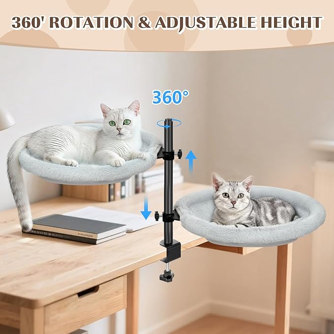 Cat Bed for Desk - Equipped with a multifunctional brush for hair removal. 360° Rotating & Height Adjustable Cat Hammock Supports Up to 50 lbs, Removable & Washable, Nest Bed Attachment Round Hammock