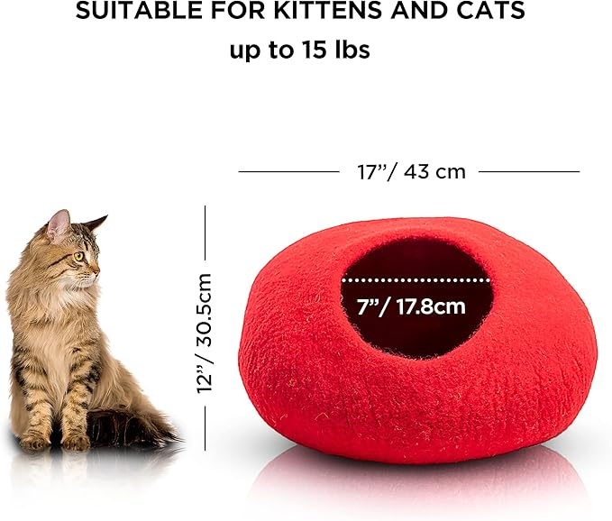 Woolygon Premium Felt Cat Cave Bed – Wool Kitty Beds Handcrafted Kitten Caves Bed for Indoor Cats - Made from Merino Wool, Foldable Cat Hideaway Covered Cat House Pod (Red Plain)