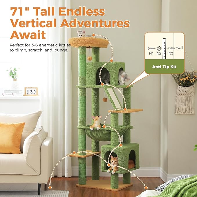 MUTTROS 71” Cactus Cat Tree for Large Cats, Extra Stable Tall Cat Tower with Oversized Hammock, 2 Condos, Sisal Scratching Posts, Vertical Multi-Level Cat Tree for Indoor Multi-Cat Homes