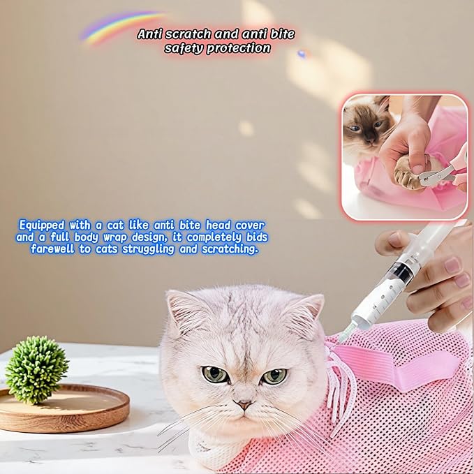 Cat Grooming Restraint Bag with Adjustable Drawstrings, Pink Mesh Bath Bag for Bathing, Nail Trimming, Ear Cleaning, Breathable Polyester with Zipper Design and Handheld Design