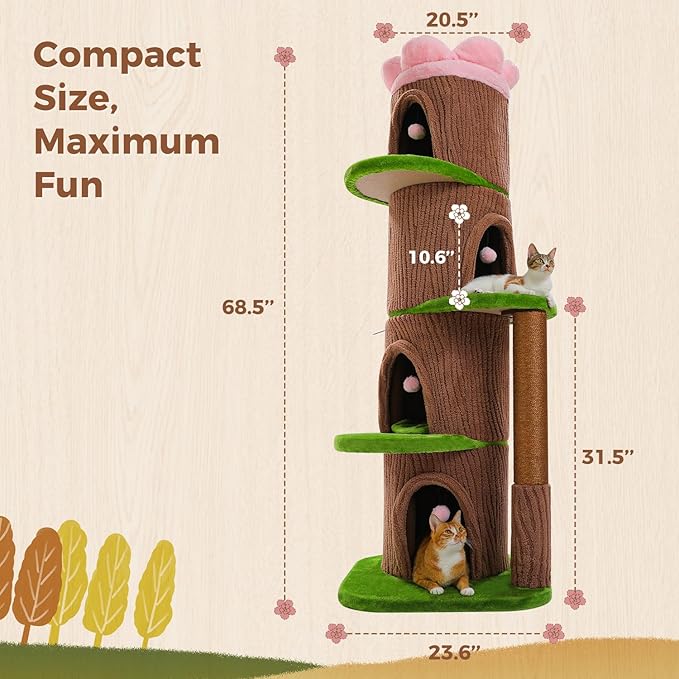 MUTTROS Forest Cat Tree with Flower Condos, Cute Tall Cat Tower with Scratching Posts & Padded Perch, Multi-Level Kitty Activity Center for Indoor Cats, Indoor Jungle Gym Furniture