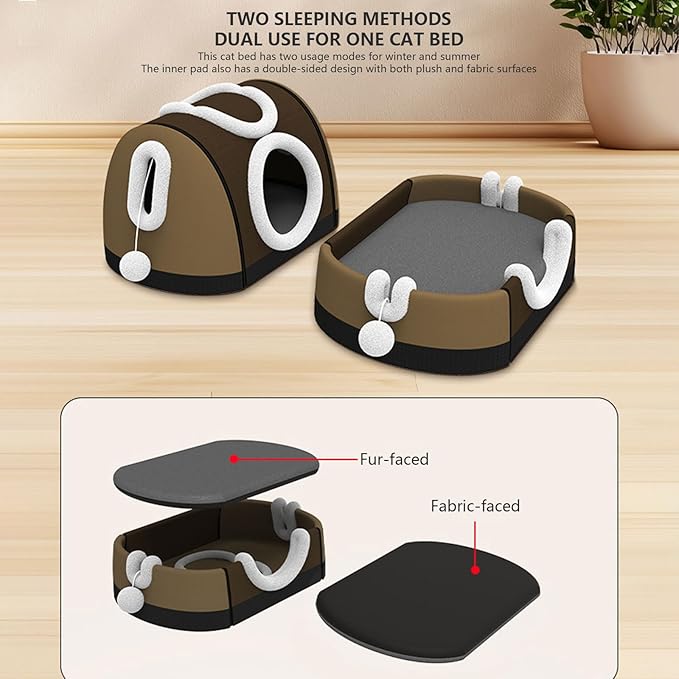 Enclosed House & Open Bed for Indoor Cats,Constant Modifiable Puss Bed with Removable Top Winter Season Double Manner Plan Revertible Pillow,Multi-Functional Pet Furniture with Scratch Pad