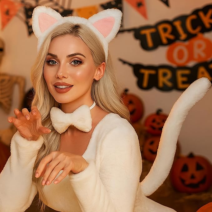 Cat Ears and Tail Set, White Cat Ears Headband with Bow tie, Furry Halloween Headband for Adults, Soft Animal Ears