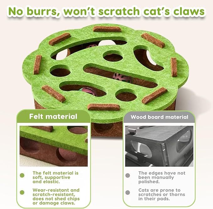 Interactive Cat Toy Puzzle, 15.75 Inch Puzzle Maze Indoor Cat Toys, Felt Cat Feeder with Bell Stimulates Natural Hunting Instincts, Cat Scratch Box Interactive Cat Toys for Indoor Cats