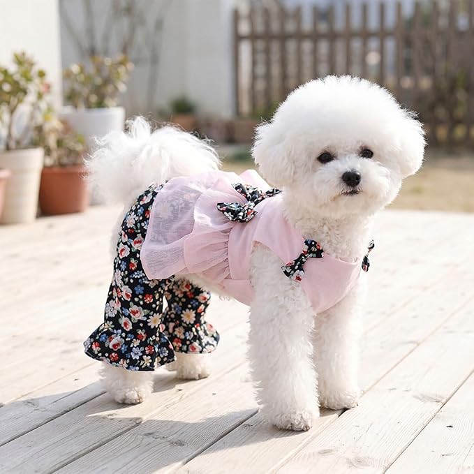 Vintage Floral Bowknot Sleeveless Romper for Small Dogs Cats Rabbits, Breathable Cotton Ruffle Flared Pants, Teacup to Small-Medium Pets for Walk Photo Vacation(Pink-Floral, X-Small)