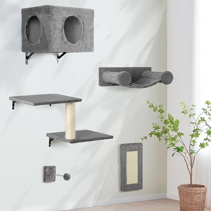 NUNU LAB 5-in-1 Cat Wall Shelves, Wall Mounted Cat Furniture Set, Cats Wall Furniture, Wall Cats Climbing, Cat Wall Bed, with Hammock, Shelves, House, Steps, Scratcher (C-KM062)