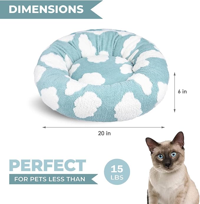 Whiskers & Friends Cat Beds for Indoor Cats, Fluffy Calming Donut Cat Bed, Small Dog Bed Washable - Orthopedic Soft Plush Pet Beds Sized for Kitten to Large Cats & Puppy to Small Dogs - Blue White