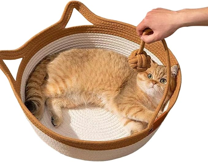 Handwoven Cotton Rope Cat Bed - Breathable & Easy to Clean, Foldable Scratchable Hammock with Cat Ear Design, with a Playing Ball for Kittens Brown