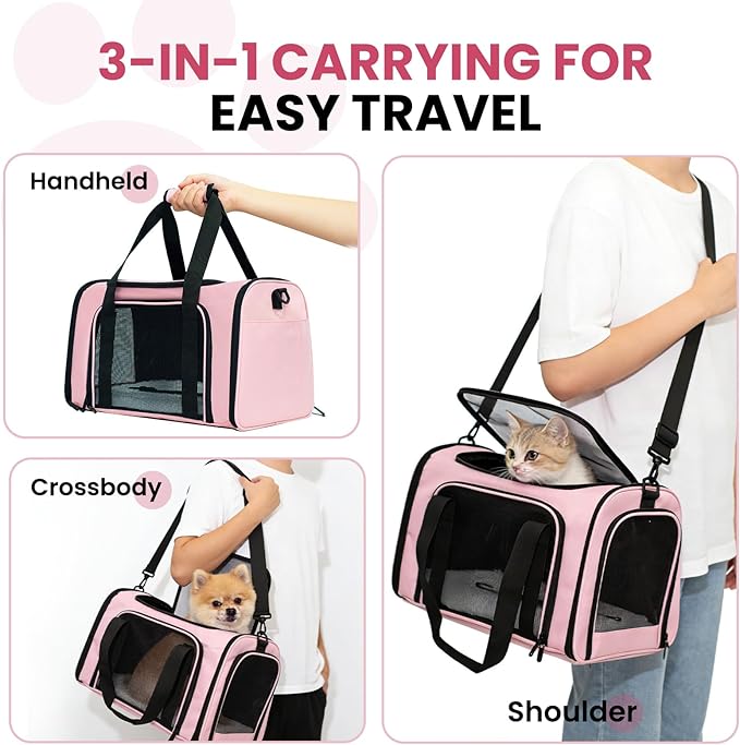 Soft-Sided Cat Carrier Expandable Pet Carrier Airline Approved Mesh Travel Carrier Up to 22lbs for Cats Small Dogs Collapsible Escape-Proof with Shoulder Strap (20x13x13 Pink)