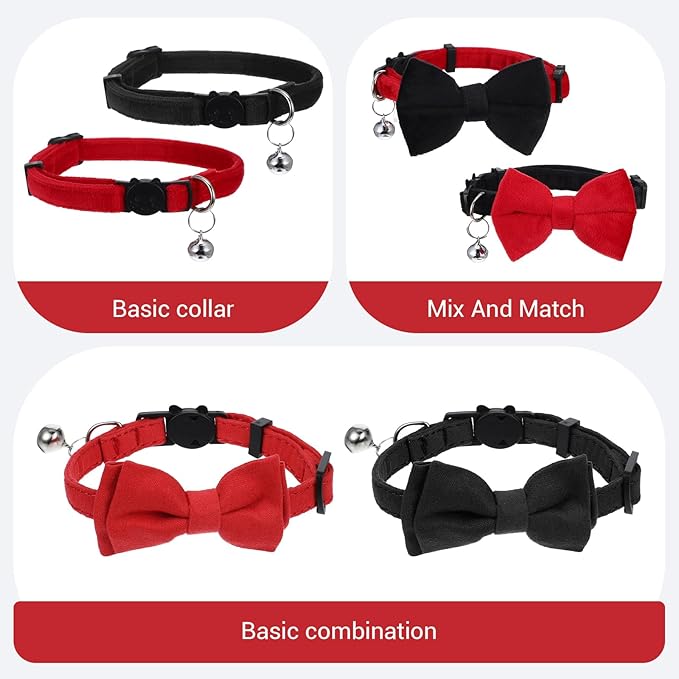 2pcs Red Cat Bowtie Collar, Cat Collar with Bells, Cats Bow Tie, Small Pet Safety Wedding Valentine's Day Basic Pure Color Suede Soft Adjustable 7-13 Inches