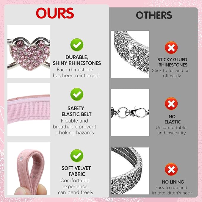 BINGPET 2 Pack Diamond Cat Collar with Bells and Safety Belt, Adjustable Soft Velvet Kitten Collar with Bling Heart Jewelry, Cute Black & Pink Cat Collars for Girls & Boys(Neck Girth 8"-10")