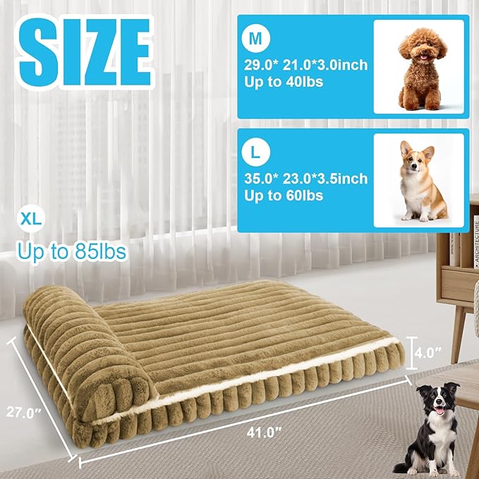 Comfort Dog Beds for Extra Large Dogs,Dog Bed with Removable Washable Cover, Deluxe Plush Dogs Bed for Crate with Pillow, Anti-Slip Pet Mat Mattress for Kennel with Durable Zipper(Brown,XL)